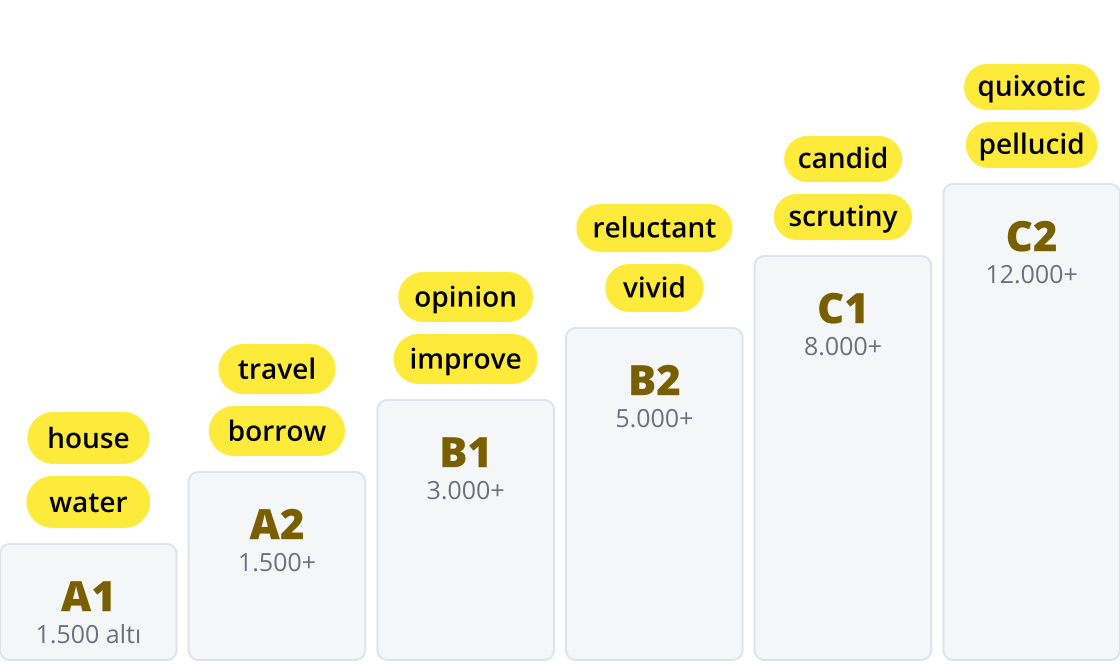 A1 ile C2 arasında altı basamaklı bir merdiven, her basamakta örnek kelimeler: A1’de house ve water, A2’de travel ve borrow, B1’de opinion ve improve, B2’de reluctant ve vivid, C1’de candid ve scrutiny, C2’de quixotic ve pellucid.