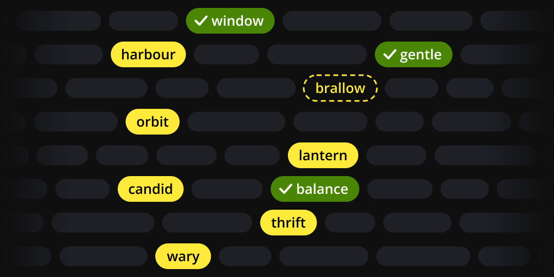 A field of faint, blank word chips with a dozen lit up as real words, some ticked in green, and one made-up word drawn as a dashed outline.