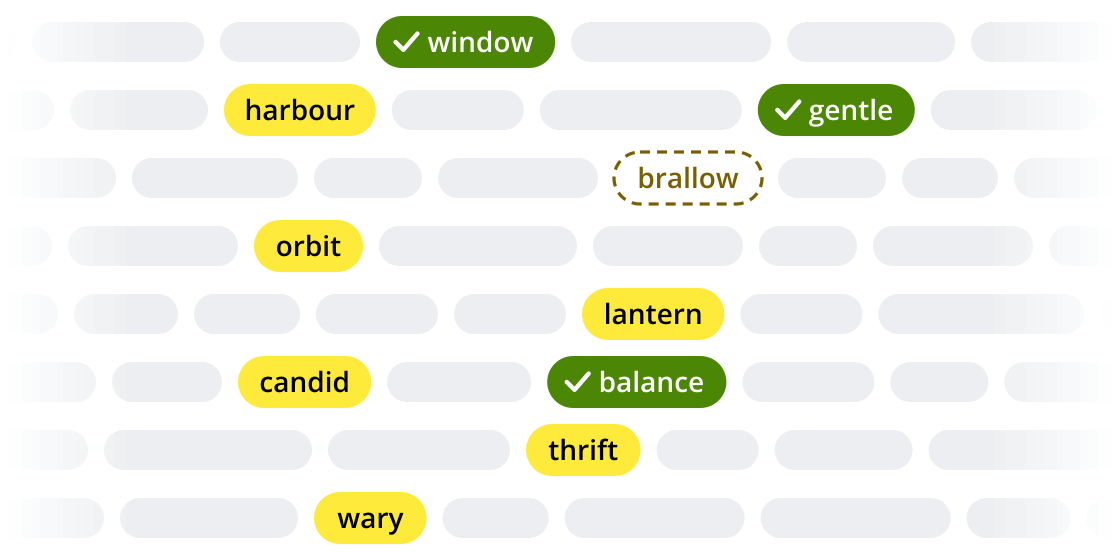 A field of faint, blank word chips with a dozen lit up as real words, some ticked in green, and one made-up word drawn as a dashed outline.