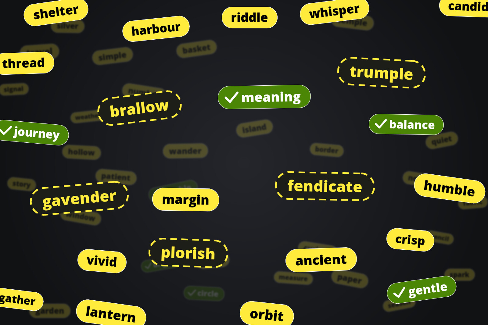 English words on yellow chips like in the test, some ticked in green, with invented words such as "brallow" and "fendicate" shown as dashed, hollow outlines among them