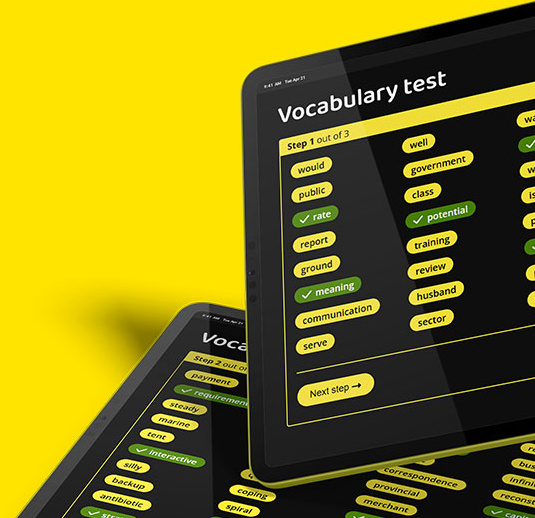 The TestVocab test on two tablets, showing the word lists of step 1 and step 2 with some words ticked