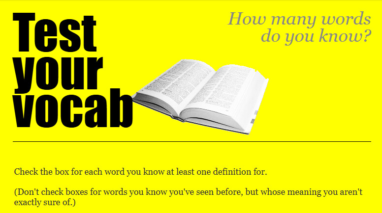 The original TestYourVocab.com home page: the words "Test your vocab" in large black letters next to an open dictionary on a bright yellow background, with the question "How many words do you know?"