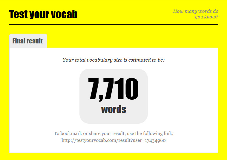A result page on the original TestYourVocab site: "Final result. Your total vocabulary size is estimated to be: 7,710 words", with a link to bookmark or share the result