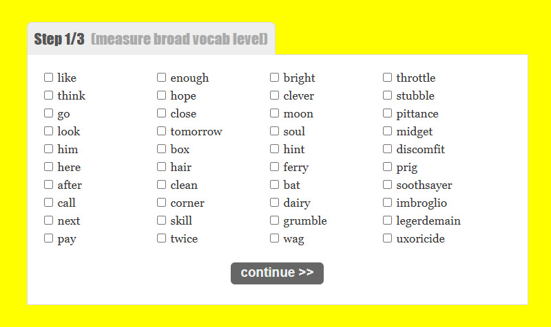 Step 1 of 3 of the original TestYourVocab test: forty words with checkboxes in four columns, from easy words like "like", "think" and "go" to rare ones like "imbroglio", "legerdemain" and "uxoricide"